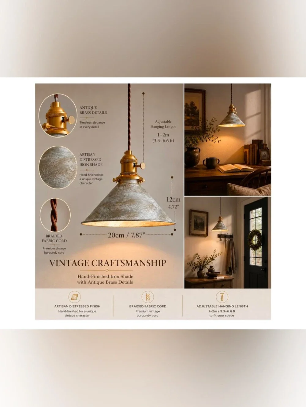 Rustic Pendant Light 2 Pack with Vintage Silver Hanging Metal Lampshade NIB